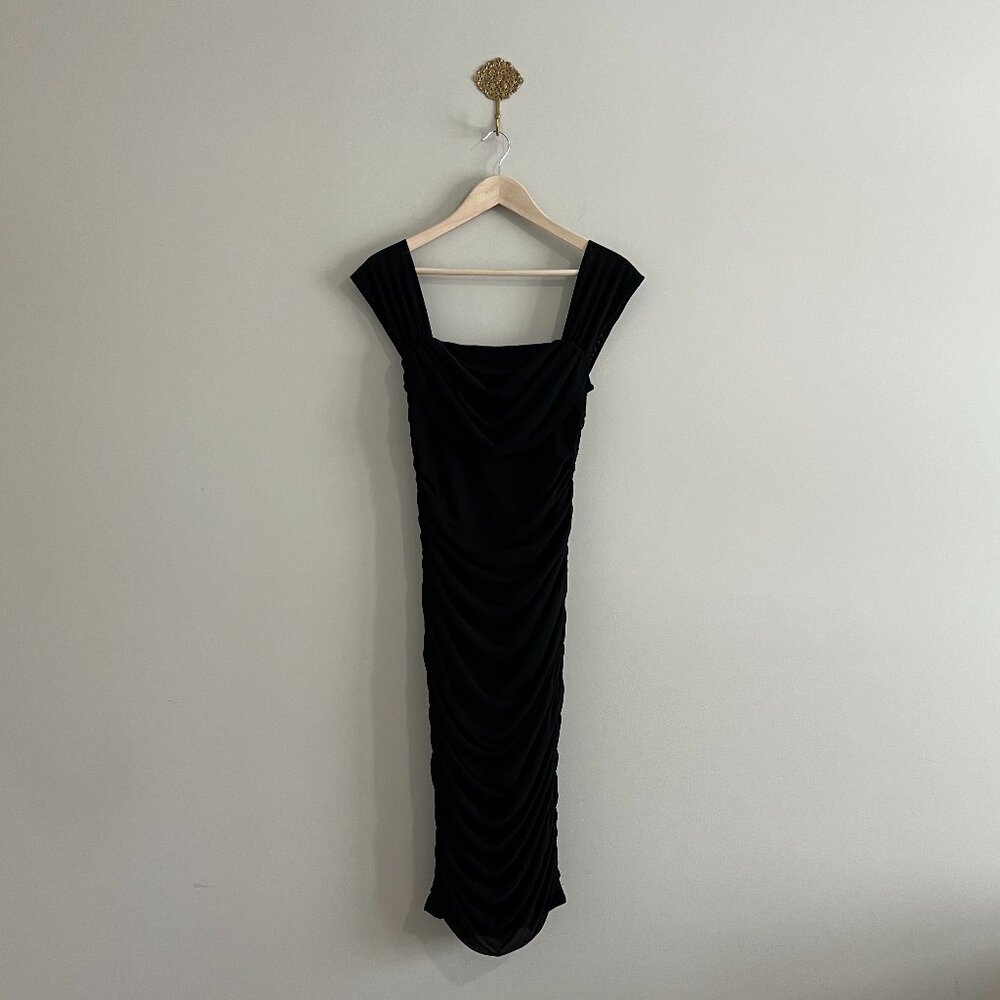 NWT PRETTYGARDEN Black Off Shoulder Ruched Bodycon Midi Dress M Cocktail